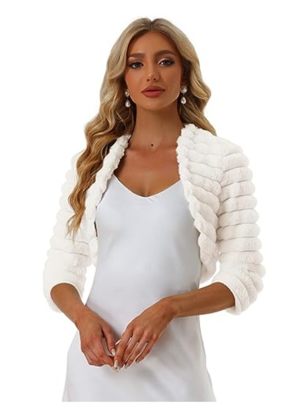 Womens Faux Fur Cropped Bolero Shrug Open Front 3/4 Sleeve Formal Evening